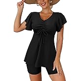 Fanuerg Women's Tankini Swimsuits Ruffled Flowy Tankini Tops with Boy Shorts Swimwear Tummy Control Two Piece Bathing Suits