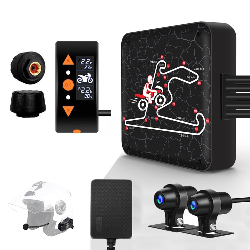 VSYSTO WiFi Motorcycle Dash Camera, Bluetooth Helmet Headset, Tire Pressure Sensors, Parking Monitoring, OLED Display Wired Controller, GPS 1080P SONYIMX307 150° Wide Angle Front and Rear Camera (Q6U)