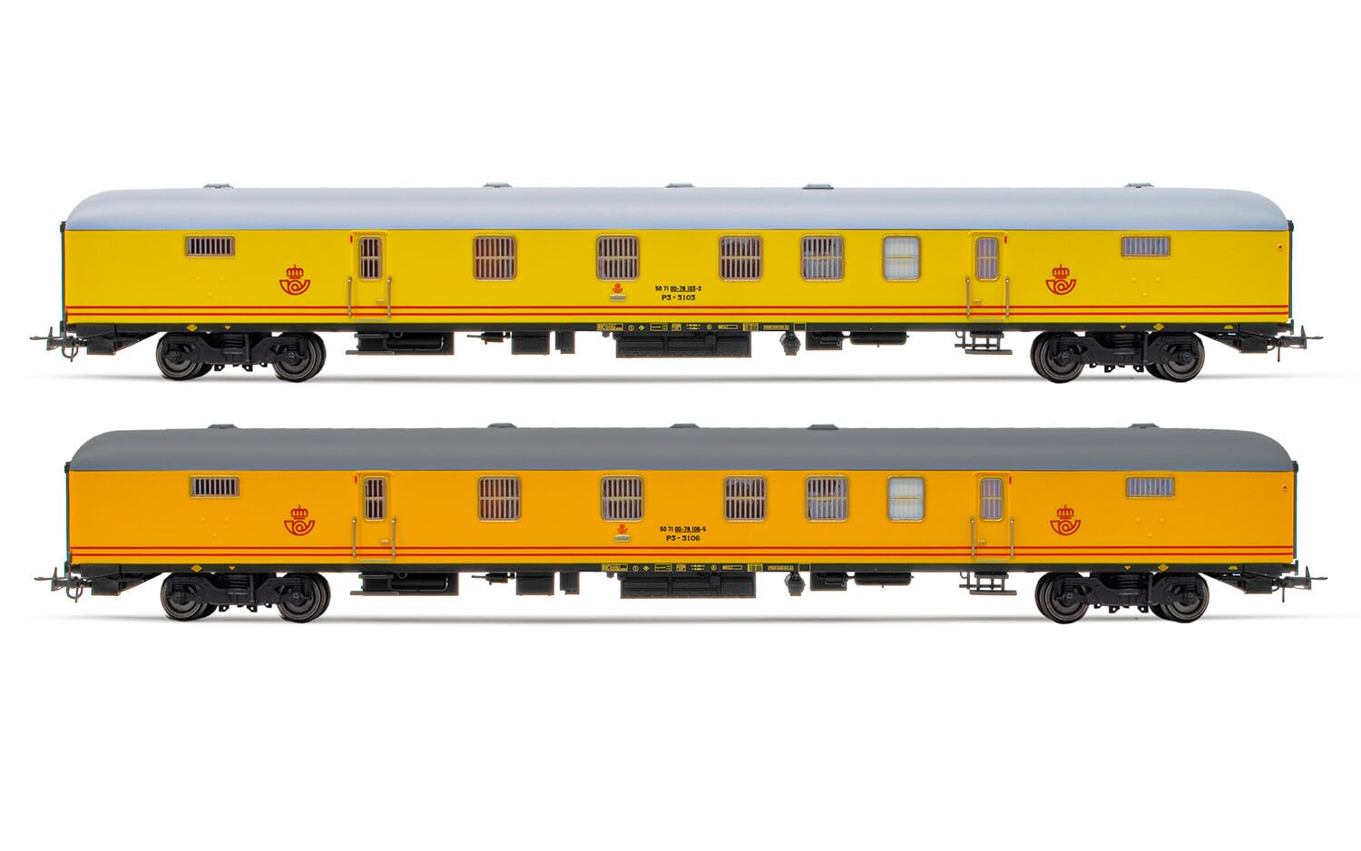 Electrotren HE4021 RENFE, 2-unit set DGCT-3100 postal vans with 160km/h bogies, yellow livery, ep. IV Rolling Stock - Coaches
