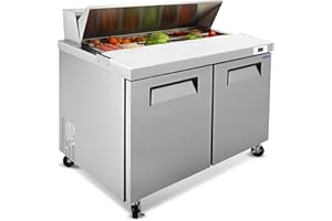 DEEPTIDE 48"W Commercial Sandwich Prep Table Refrigerator - Stainless Steel 2-Door Salad Prep with 12 Pans, 14 Cu.Ft Capacity, Auto Defrost, Digital Temperature Control for Restaurants, Convenience Stores, etc