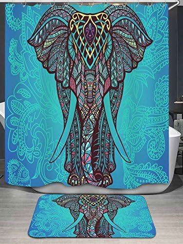 LANGYS 3D Waterproof Polyester Bath Curtain Bathroom Partition Curtain Cloth Bathroom Decoration Bohemia Elephants Bath Curtain and Carpets