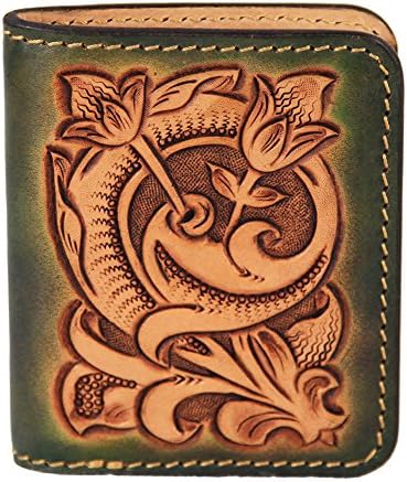 LengRen Senior Handmade Short Folding Wallet Carved with Plant Pattern in Tang Dynasty Genuine Italian Full Grain Leather with Vegetable Tanning Technology, Coffee