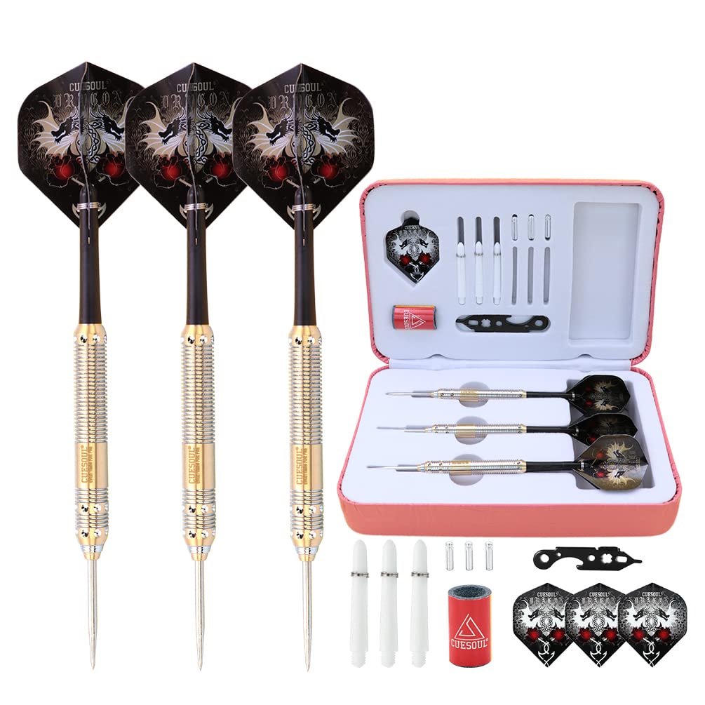CUESOUL Dragon Series 23 Grams Professional Steel Tip Darts Set Brass Barrels Shockproof Deluxe PU Carry Case Nylon Shafts Well Balanced (JL-SL-J2102L)