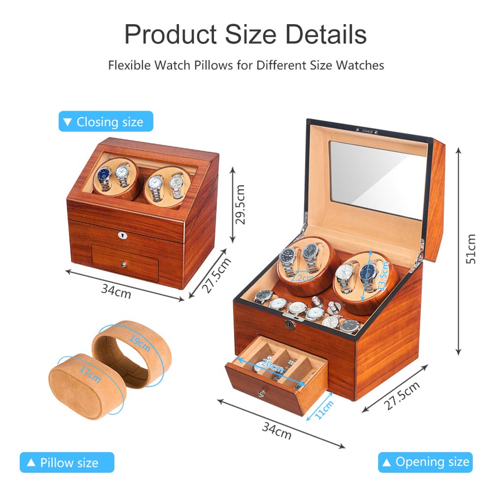JQUEEN Automatic Wood Watch Winder Display Box 4+9 Storages,with 4 Rotation Mode Setting, Adjustable Watch Pillow for Men’s and Lady’s Automatic Watches Shaker