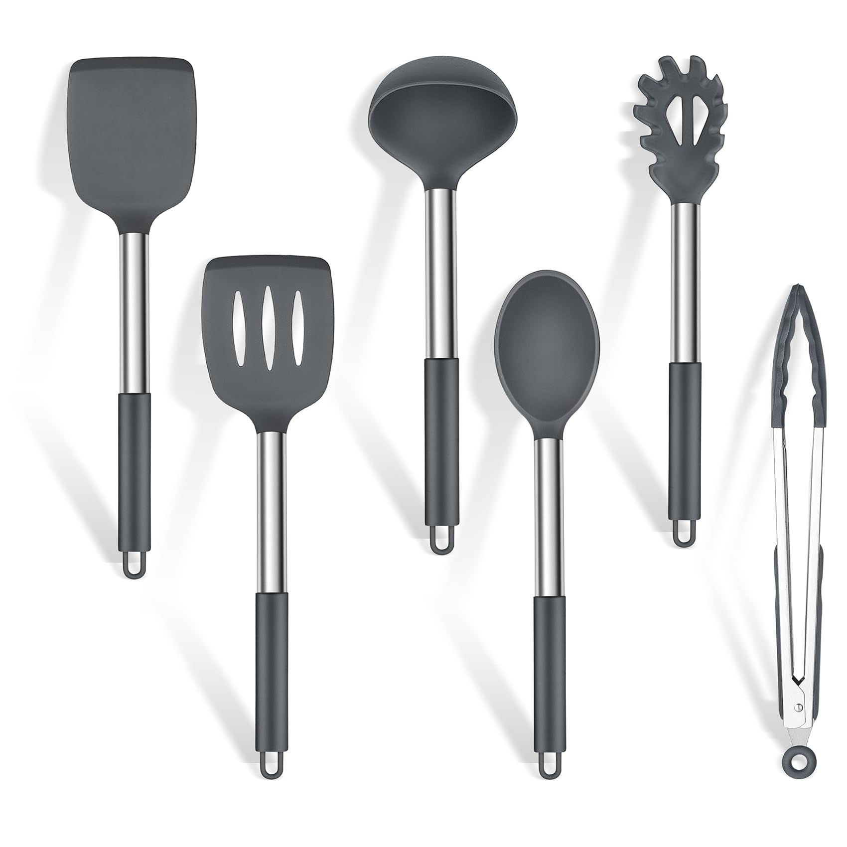 Homikit Kitchen Utensil Set, 6Pcs Silicone Cooking Utensils with Stainless Steel Handle, Kitchen Cooking Tools for Non Stick Pans, Heat Resistance & Dishwasher Safe - Grey