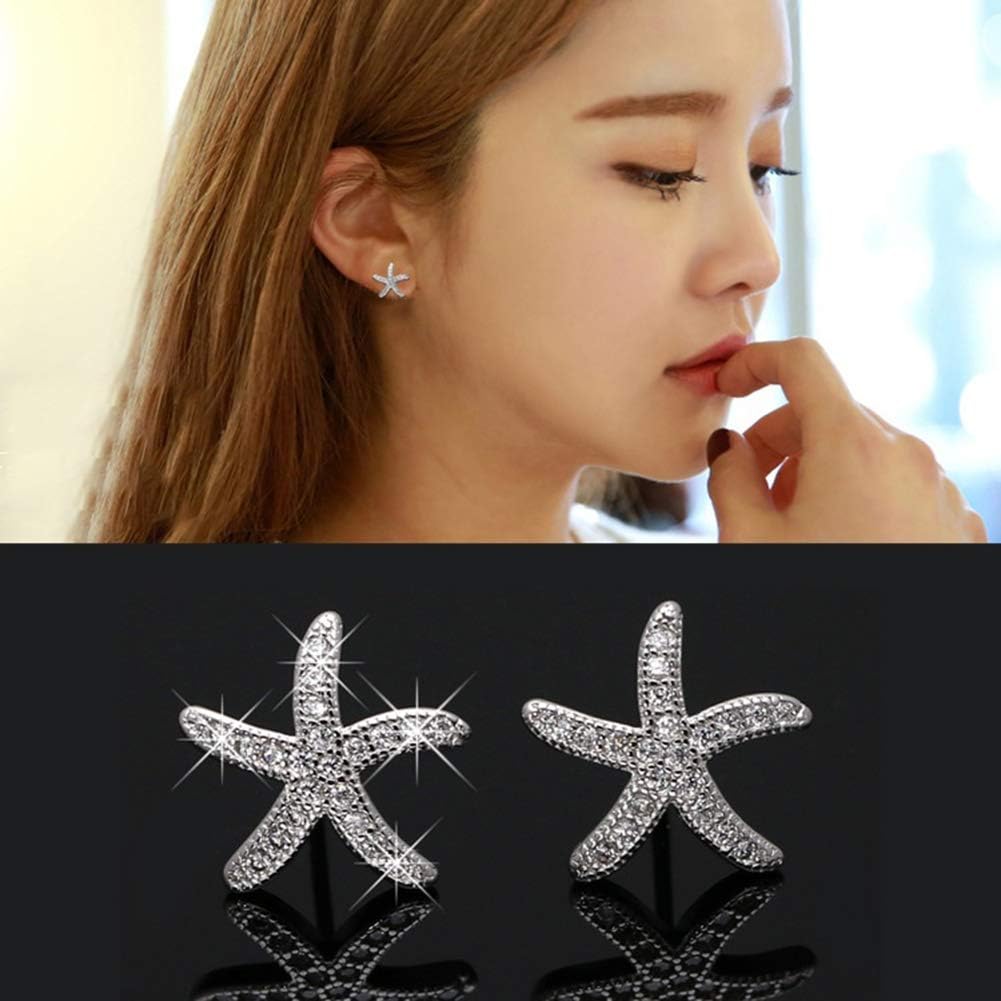 CHoppyWAVE Ear Studs Earrings Trendy Starfish Cubic Zirconia for Women Girl Banquet Jewelry Gift - Silver