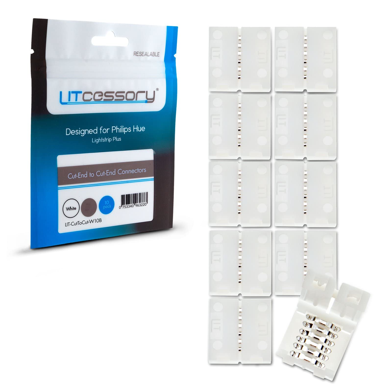 Litcessory Cut-End to Cut-End Connector for Philips Hue Lightstrip Plus (10 Pack, White - Standard 6-PIN V3)