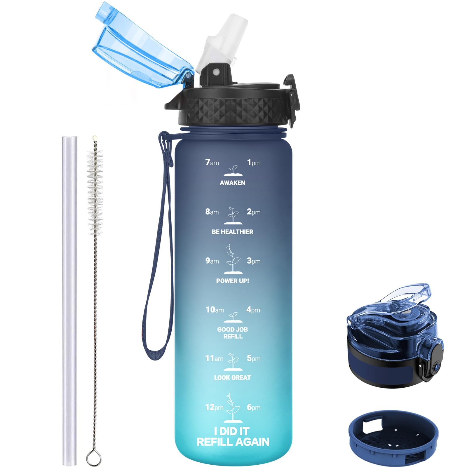 GOPPUS 500ml/17oz Kids Water Bottles with Straw Tritan Childrens Bottle with Flip Top Lid BPA Free Measured Drinks Bottle with Strap Sports Reusable Time Markings Leakproof (Gray Blue)