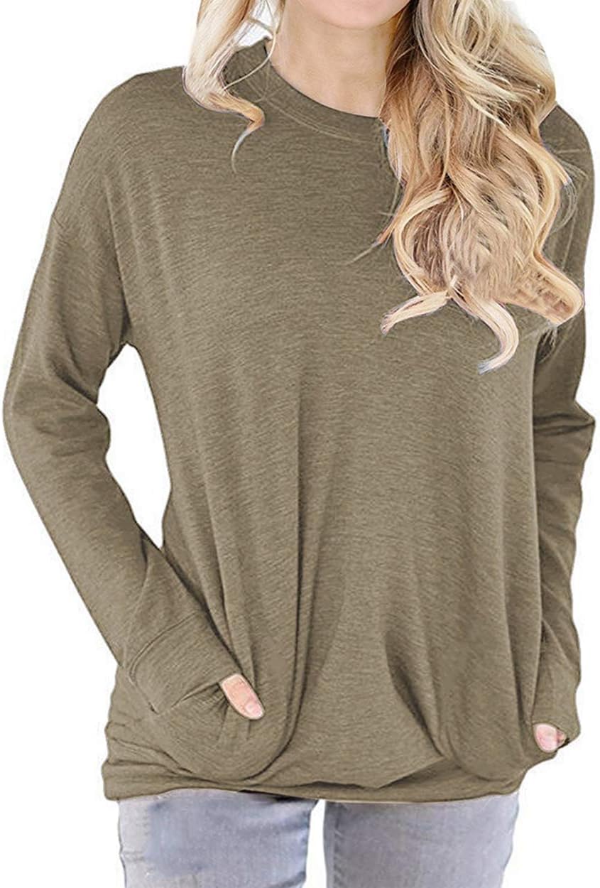 lymanchi Women Round Neck Long Sleeve Shirt Loose Baggy Pocket Pullover Tunic Top