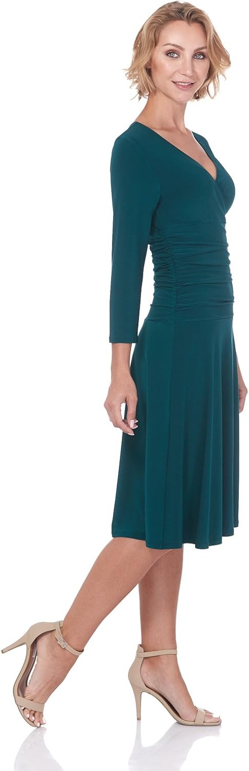 Rekucci Women's Slimming 3/4 Sleeve Fit-and-Flare Crossover Tummy Control Dress at  Women’s Clothing store