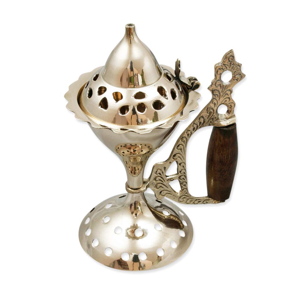 NKlaus 14cm High Brass Incense Holder with Wooden Handle and Lid for Incense Resins on Incense Charcoal