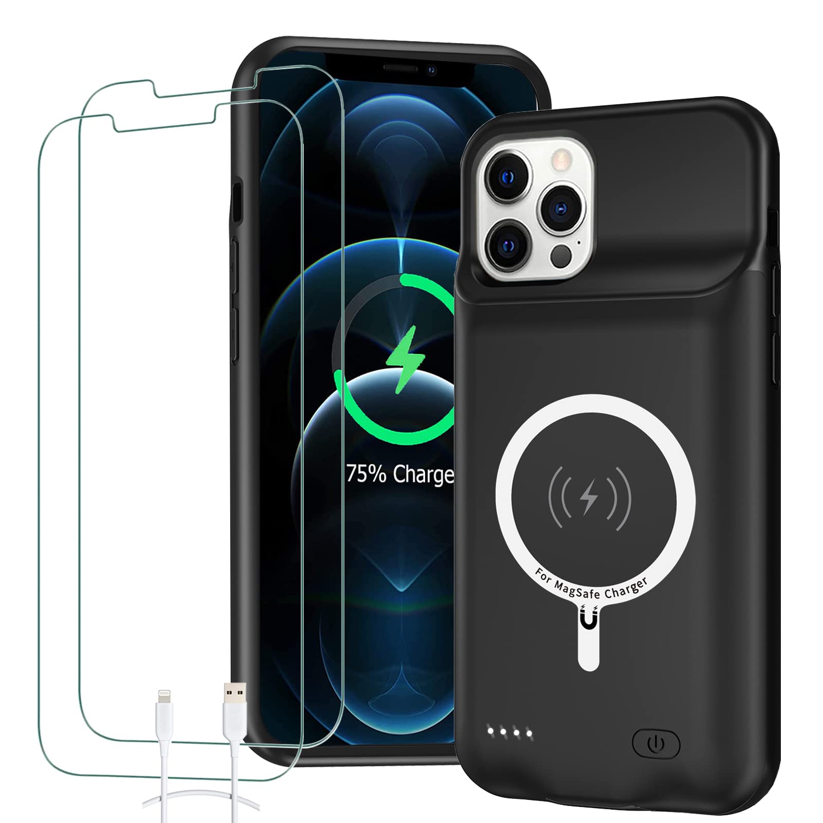 Battery Case for iPhone 12/12 Pro, 10000mAh High Capacity Rechargeable Portable Charger Case Extended Battery Pack Compatible with iPhone 12/12 Pro (6.1 inch) Wireless Charging Case with Carplay-Black