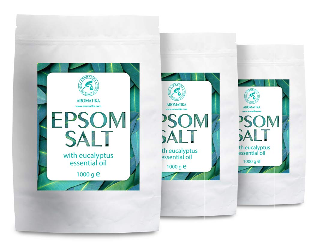 AROMATIKA Epsom Bath Salt with Eucalyptus Essential Oil Set 3 x 1 kg – 100% Pure Magnesium Sulphate Crystals – Refreshing Bath Soak for Body Care & Relaxation – Aromatherapy Bath Salts for Home Spa