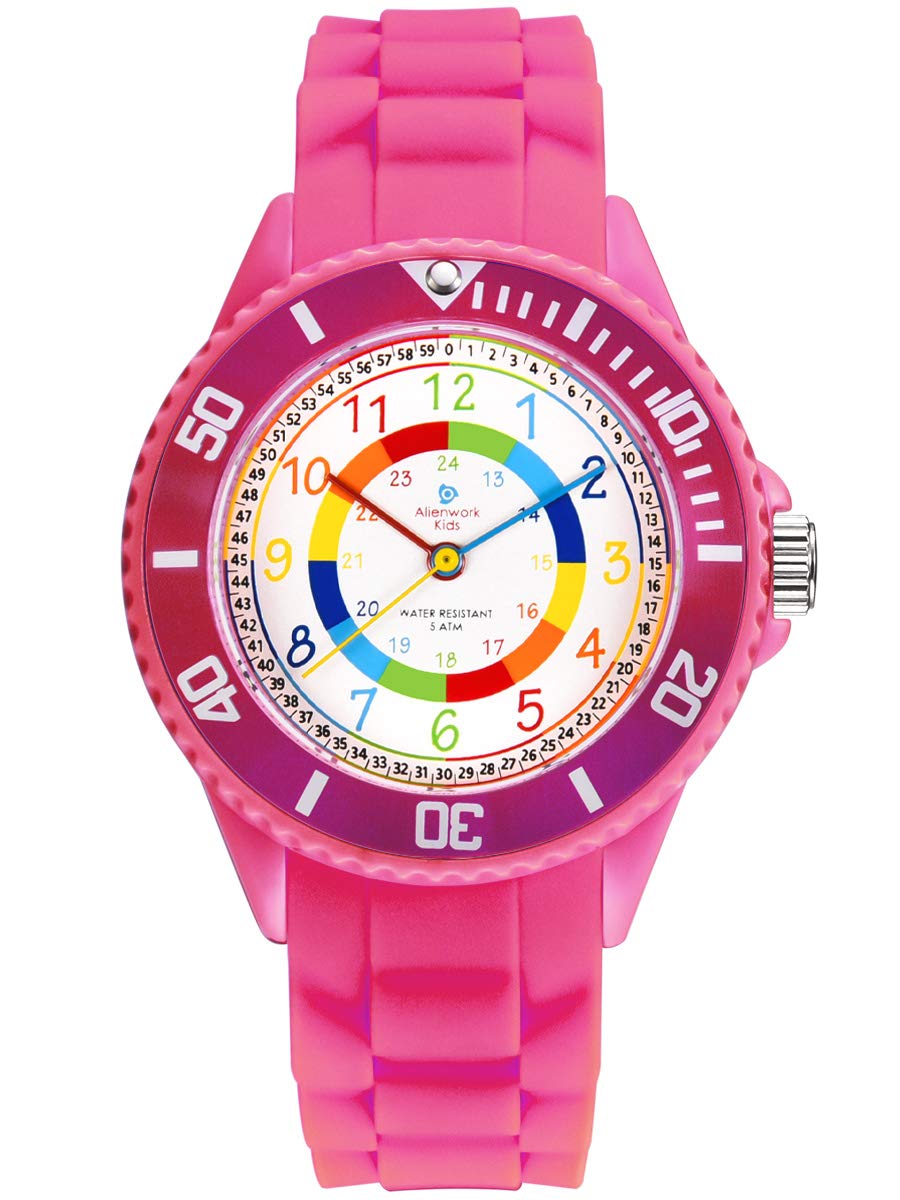 Alienwork Kids Children's Teacher Watch Girls Rose Silicone Strap Multi-Coloured Children's Kid Waterproof 5 ATM Learning Time