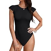 Umenlele Women's Flutter Sleeve Crew Neck Casual Slim Fit Basic Bodysuit Tops