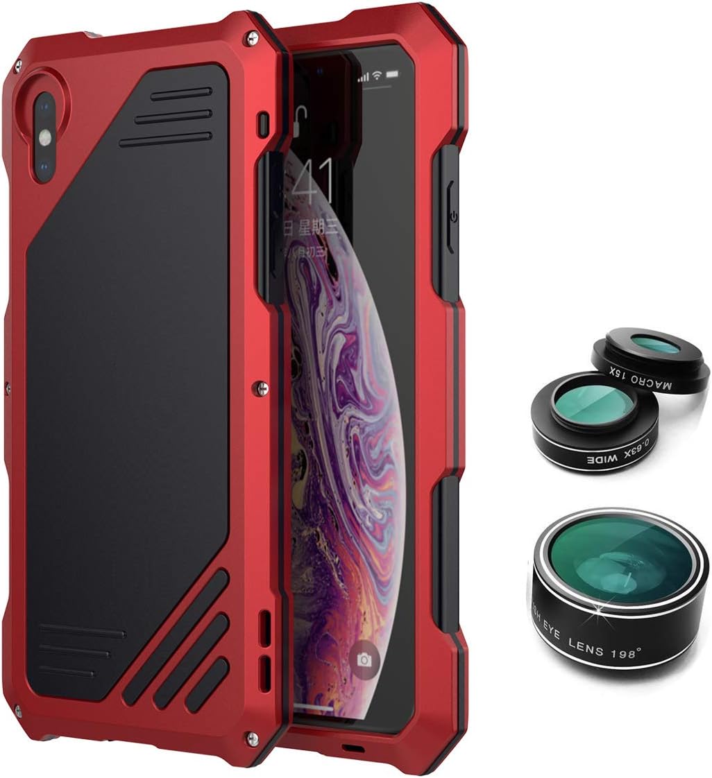 iPhone XR Case,Luxury Zinc Alloy Metal Protective Case with Built-in Gorilla Glass Screen Protector Shockproof Military Bumper Heavy Duty Cover with 3 Lens Kit (RED)