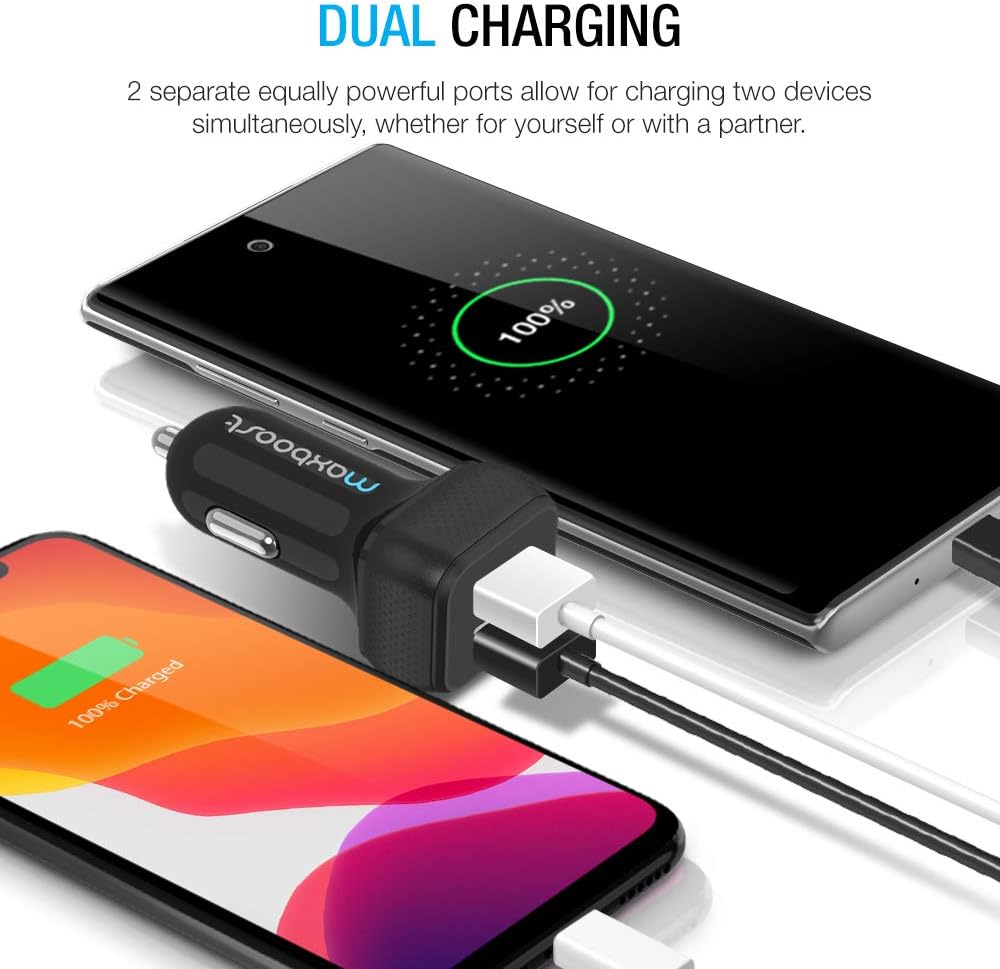 Maxboost Car Charger with SmartUSB Port 4.8A/24W [Black] Charger Adapter for for iPhone 11 Pro Max/XS Max/XR/XS/X/8/7/Plus,Galaxy S20 Ultra/S10/S10+/S10e/Note,LG,iPad Pro/Air 2/Mini,Huawei, Moto,Pixel