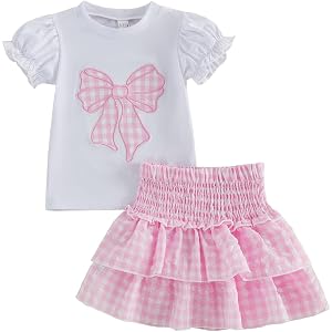 Xnqiwq Toddler Baby Girl Summer Clothes Girls Bow Outfits Puff Short Sleeve T-Shirt Top Plaid Smocked Layered Skirt Set 2Pcs