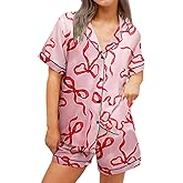 SOOKABEILA Womens Y2k Pajamas Bow Tie Long Sleeve Shirt and Ruffle Shorts Cute Silk 2 Piece Sleepwear Lounge Sets