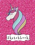 Sketchbook: Cute Unicorn On Pink Glitter Effect Background, Large Blank Sketchbook For Girls, 110 Pa