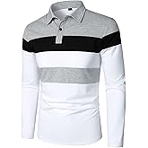 HOOD CREW Men’s Long Sleeve Shirts Fashion Color Block Striped Polo Shirt