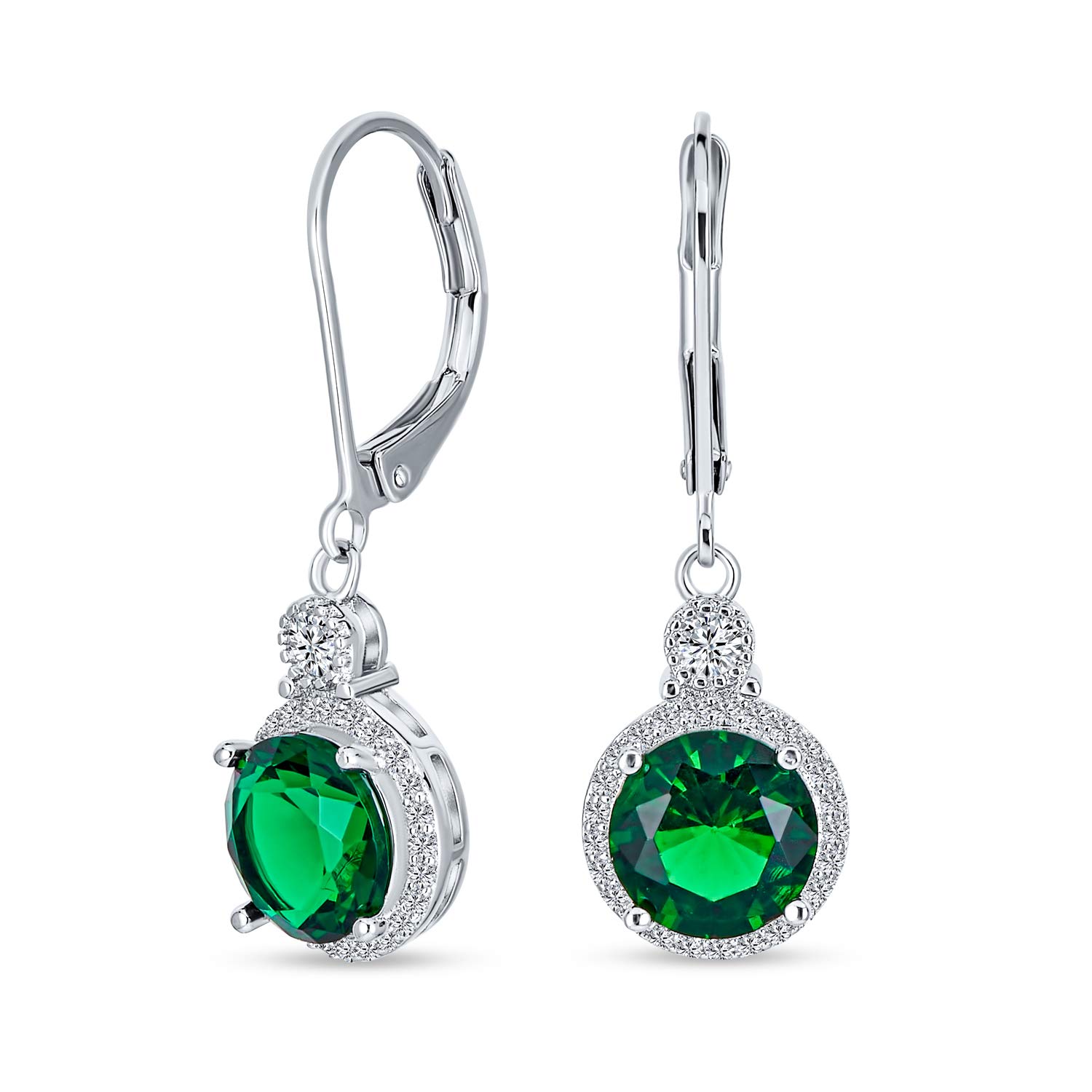 3.5CT Green Round Solitaire Halo CZ Leverback Dangle Earrings Simulated Emerald Cubic Zirconia Rhodium Plated Brass