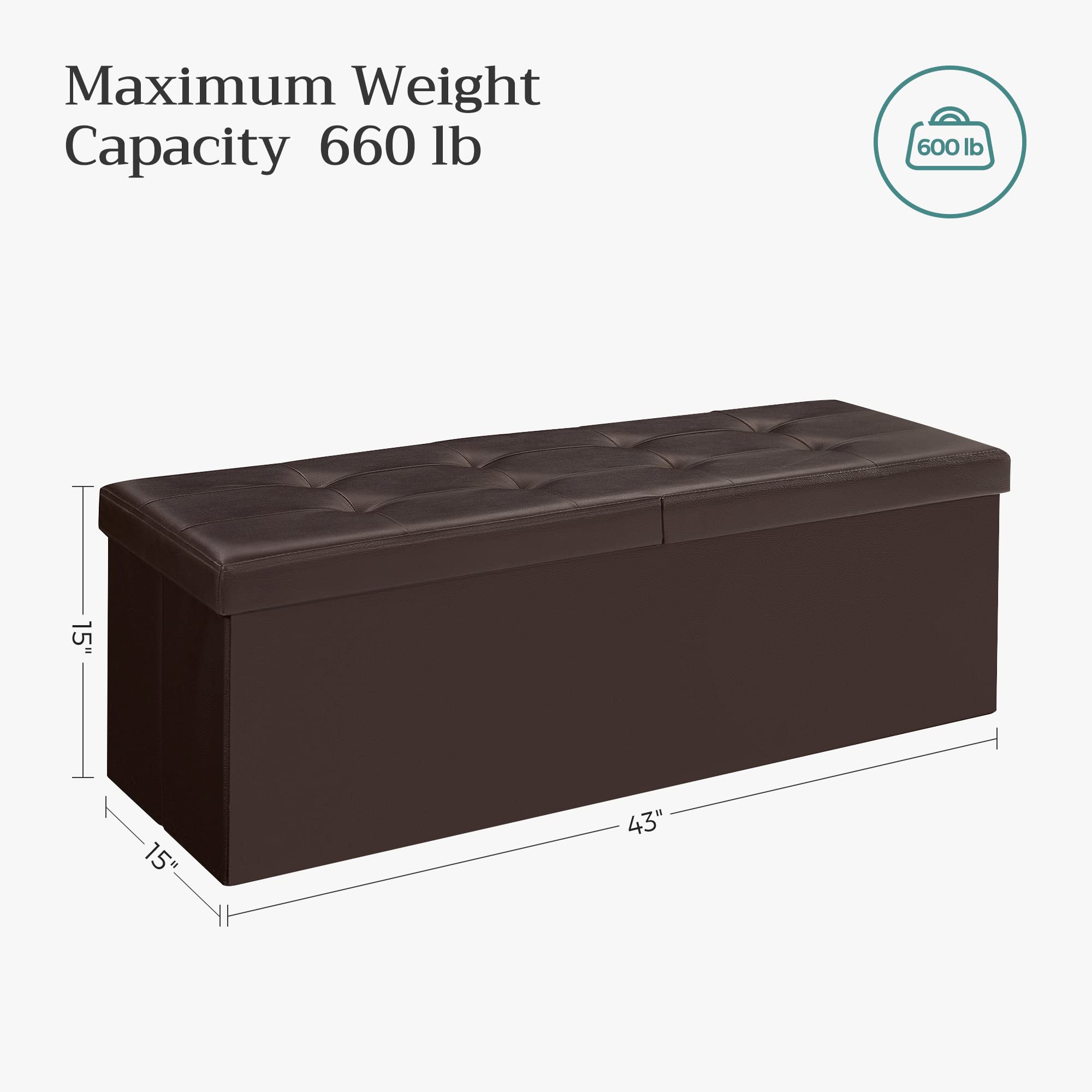 SONGMICS 43 Inches Folding Storage Ottoman Bench with Flipping Lid, Storage Chest Footrest Padded Seat with Iron Frame Support, Brown ULSF75BR