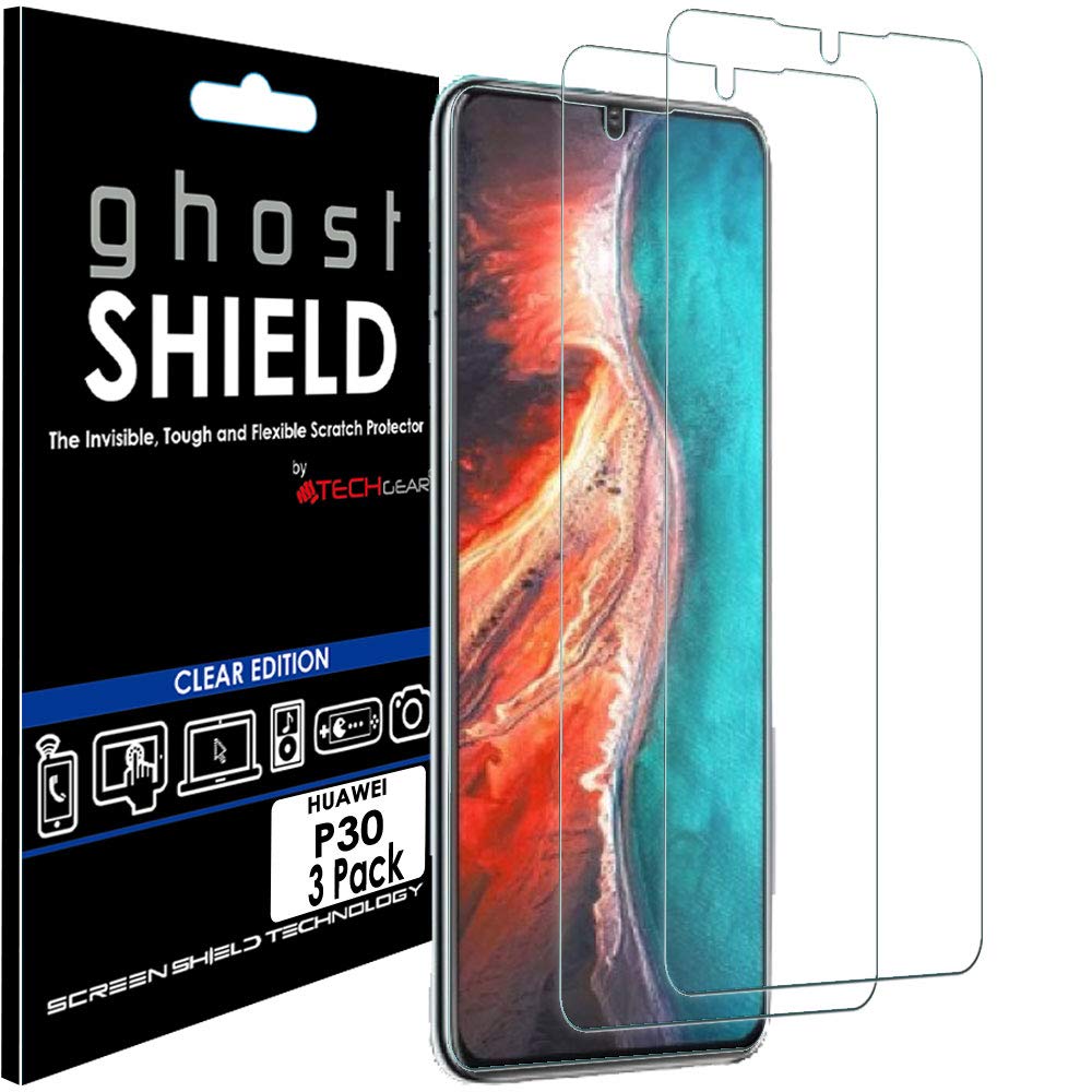 TECHGEAR [Pack of 3] Screen Protectors fit Huawei P30 [ghostSHIELD Edition] Genuine Reinforced TPU film Screen Protector Guard Covers with FULL Screen Coverage inc Curved Screen Area