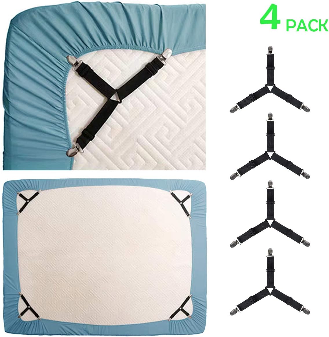 KALLC Bed Sheet Holder Straps, 4 Pack Adjustable Triangle Elastic Mattress Sheet Clips Mattress Cover Holder Fasteners Bed Sheet Fasteners Heavy Duty Grippers Clips Keeping Sheets Place for Bedding: Home & Kitchen