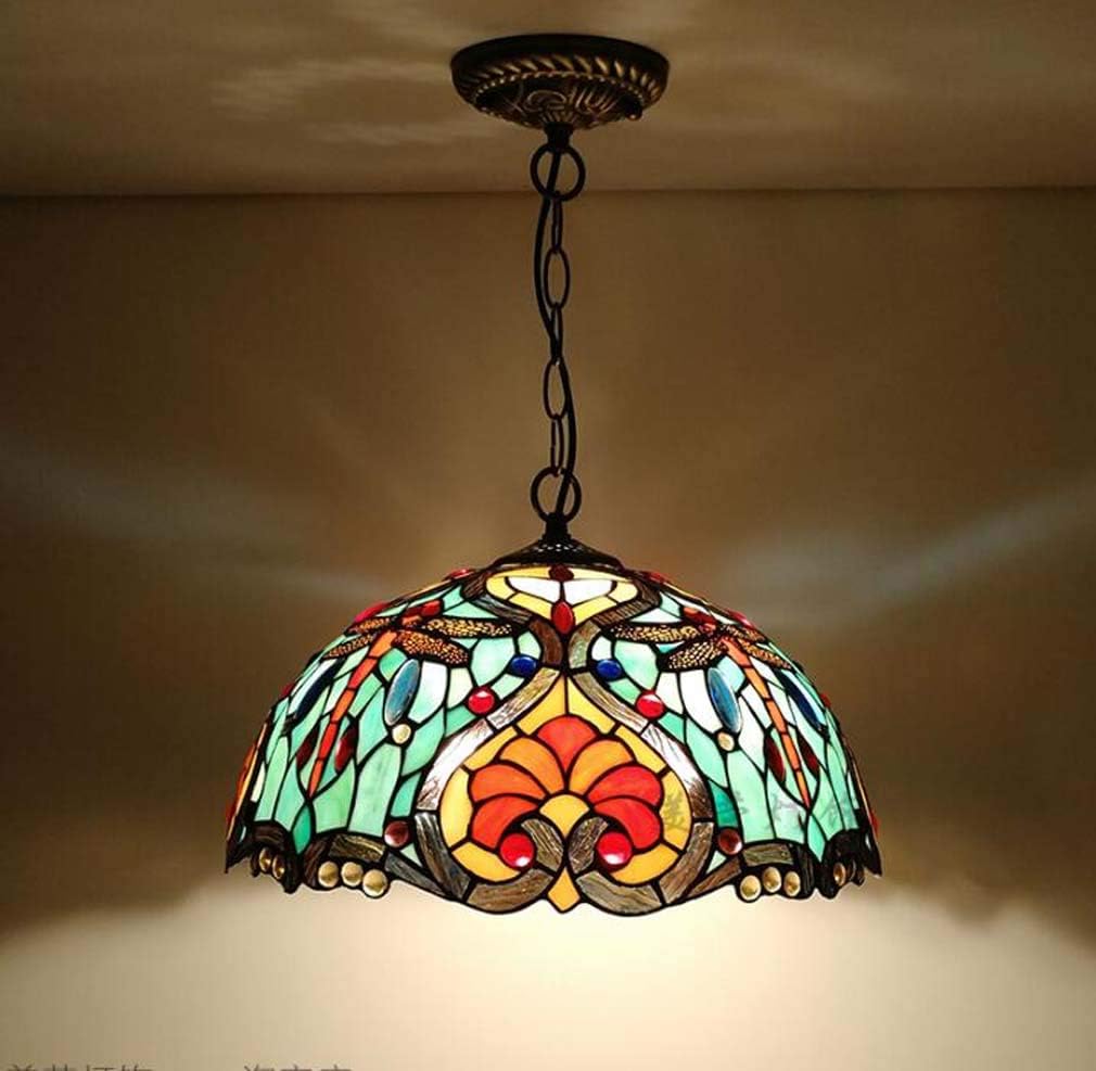 1 Light Tiffany Style Pendant Light Fixtures Ceiling Hanging Lamp Vintage Lighting Fixtures with 16 Inch Green Yellow Stained Glass Shade Antique Bronze Finish,A