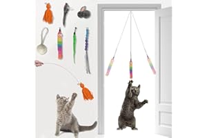 PEMOO Cat Toys Door Hanging Cat Toy[9PCS Cat's Favorite Toy Collection/Two Ways to Play] Interactive Cat Toy Replaceable Elastic String Little Mouse Toys for Indoor Cats KittenToys