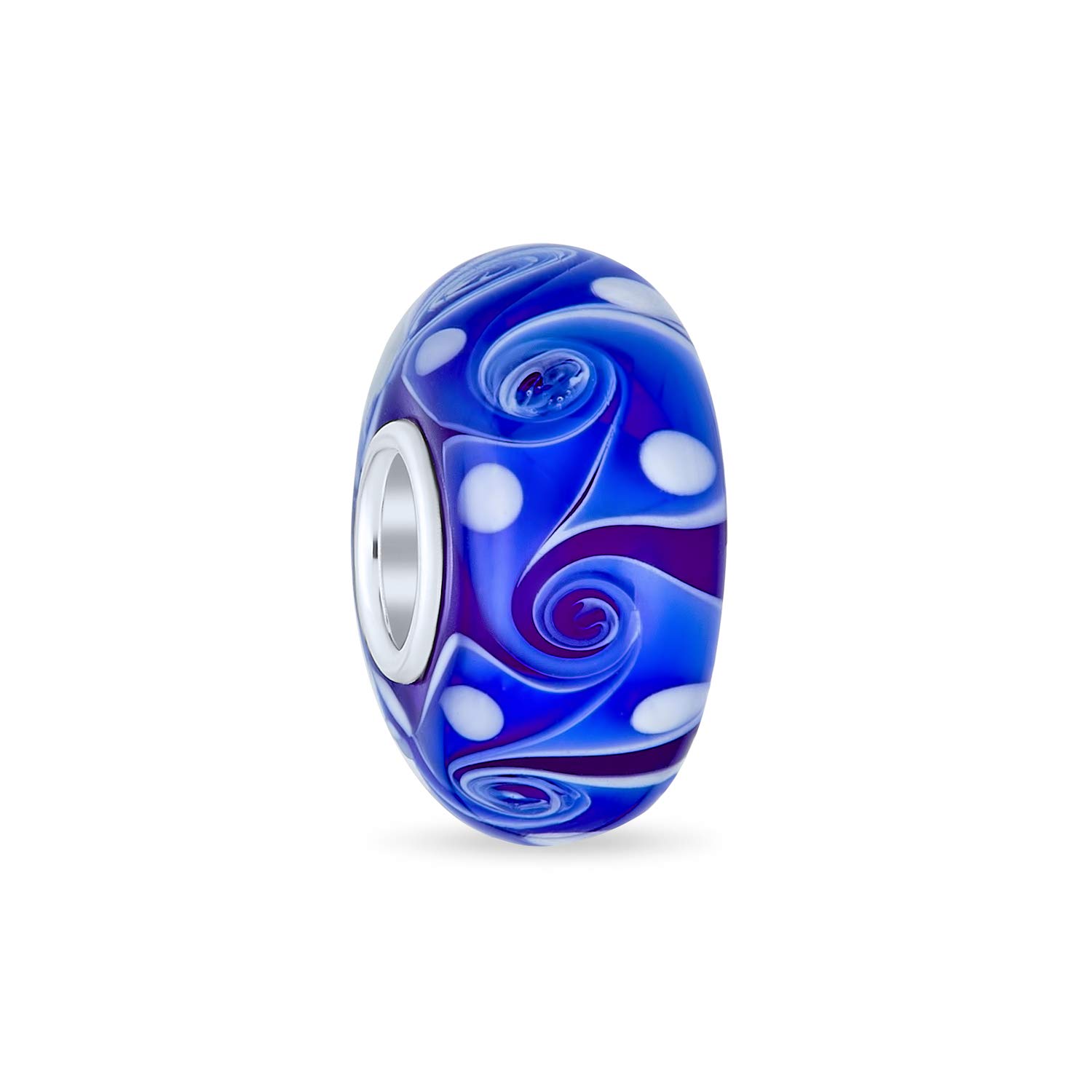 Bling Jewelry Murano Glass Shades Of Blue Wave Swirl Spacer Charm Bead Fits European Bracelet For Women Teen .925 Sterling Silver Core