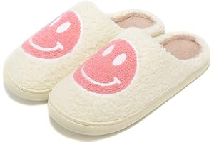 KOLEGE Retro Fuzzy Face Slippers for Women Men, Retro Soft Fluffy Warm Home Non-Slip Couple Style Casual Smile Face Slippers Indoor Outdoor Anti-Skid Warm Cozy Foam Slide Fuzzy Slides with Soft Memory Foam Shoes