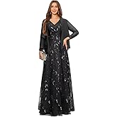 2 Piece Sequin Lace Mother of The Bride Dresses for Women with Jacket V Neck Long Formal Dresses Evening Gown