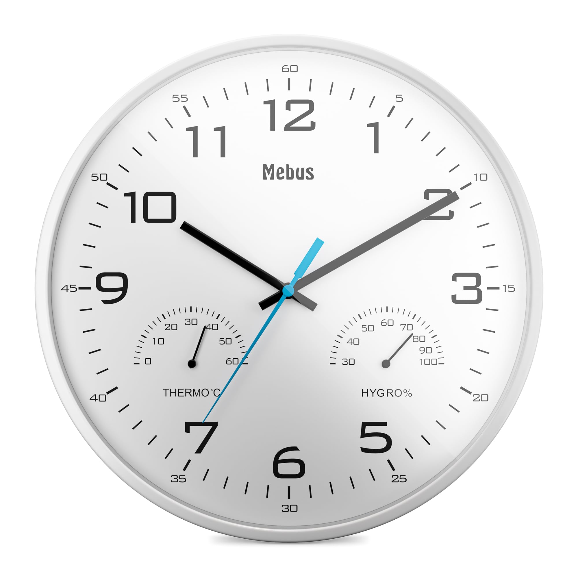 Mebus Analogue Quartz Wall Clock with Thermometer and Hygrometer in White, 16181, 30 cm Diameter