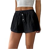 RoseSeek Women's Drawstring High Waisted Button Front Mini Shorts Loose Wide Leg Track Shorts Casual Lounge