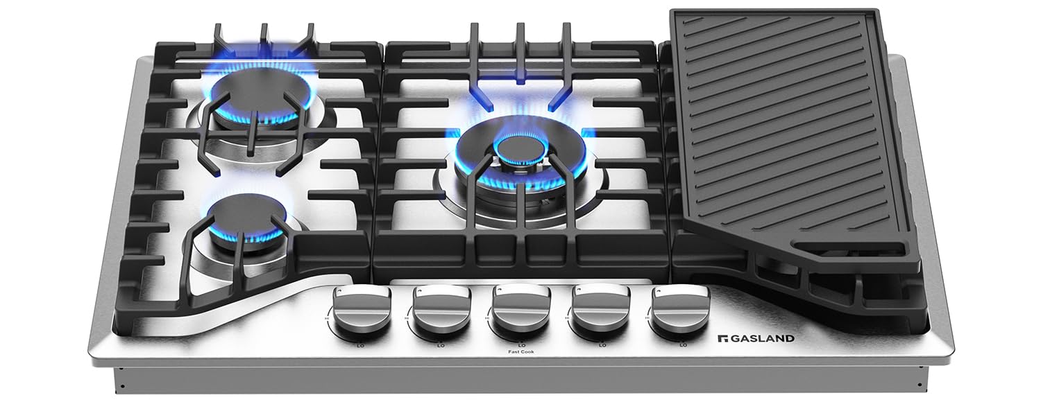 Photo 1 of **used missing parts**** GASLAND 30 Inch Gas Cooktop, PRO GH3305SF 5 Burner Propane Stovetop with Reversible Cast Iron Grill/Griddle, Gas Countertop Plug-in, NG/LPG Convertible Cooktops, Stainless Steel