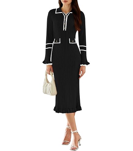 QJK Elegant Ruffle Bodycon Tweed Dress Old Money Clothes Women Black and White Sweater Dress Knit Cocktail Midi Dress (Black,Small) at Amazon Women's Clothing store