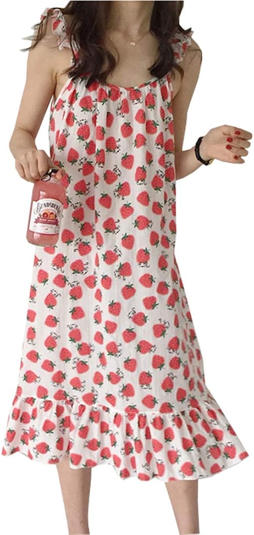 Amazon Fevon ルームワンピース レディース 夏 ノースリーブ ロング丈 ネグリジェ 可愛い イチゴの柄 おしゃれ ルームウェア ゆったり コットン 柔らかい ワンピース 部屋着 寝間着 ルームワンピース ネグリジェ 通販