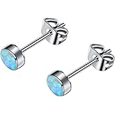 FACOKO Earrings for Women, Titanium Opal Stud, Non-Nickel Earring, Hypoallergenic Earrings 3mm 4mm 5mm 7mm Round Birthstone Earring Studs for Sensitive Ears