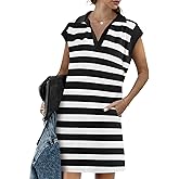 Wenrine Womens Striped Summer Mini Dress Casual Cap Sleeve Polo V Neck T Shirt Dresses with Pockets