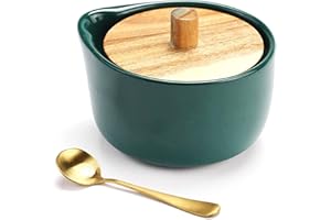 Everous Elegant Design Salt Boxes - Big Capacity, Green Ceramic Base with Wood Lid and Spoon