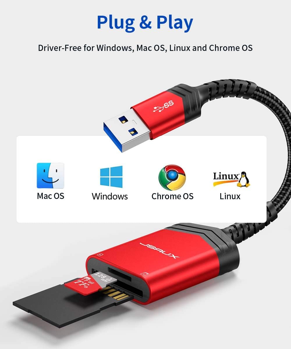 SD Card Reader USB 3.0 [2-in-1], JSAUX Dual Flash Memory Card Adapter for TF, SD, Micro SD, SDXC, SDHC, MMC, RS-MMC, Micro SDXC, Micro SDHC, UHS-I, Plug and Play, Read 2 Cards Simultaneously -Red: Computers & Accessories