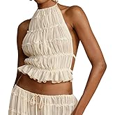Women Sexy Open Back Halter Tops Tie Backless Ruched Ruffle Crop Tops Beach Vacation Going Out Top