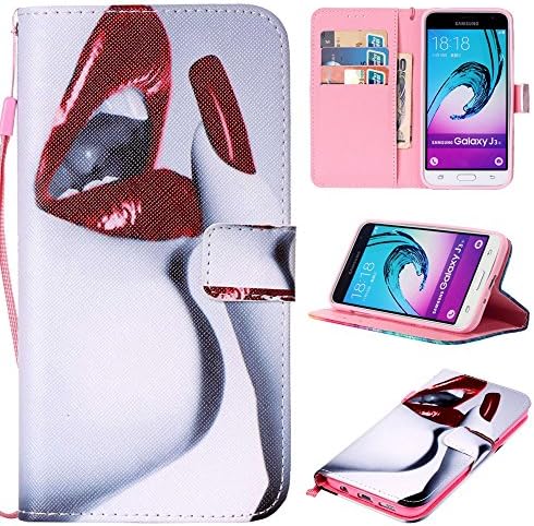 Samsung Galaxy J3 (2016)/ J3 V/ Sky/ Sol/ Amp Prime/ Express Prime Wallet Case, XIEKE Premium PU Leather Painted Pattern Flip Cover Wallet Case Cash Card Slots Stand Case with Wrist Strap (Sexy Lips)