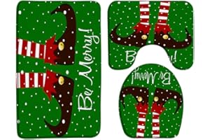 ZKJSMGS Merry Christmas Bath Mat Gnome Snowflake Xmas Folklore Elf Elves Winter Holiday Festival Cartoon Red Green 3 Piece Bath Rug Sets,17.8"x29.5"Bath Mat,Toilet Seat Cover, U-Shaped Toilet