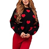 Women's Valentine's Day Heart Print Sweater Loose Crew Neck Long Sleeve Pullover Knit Tops for Date