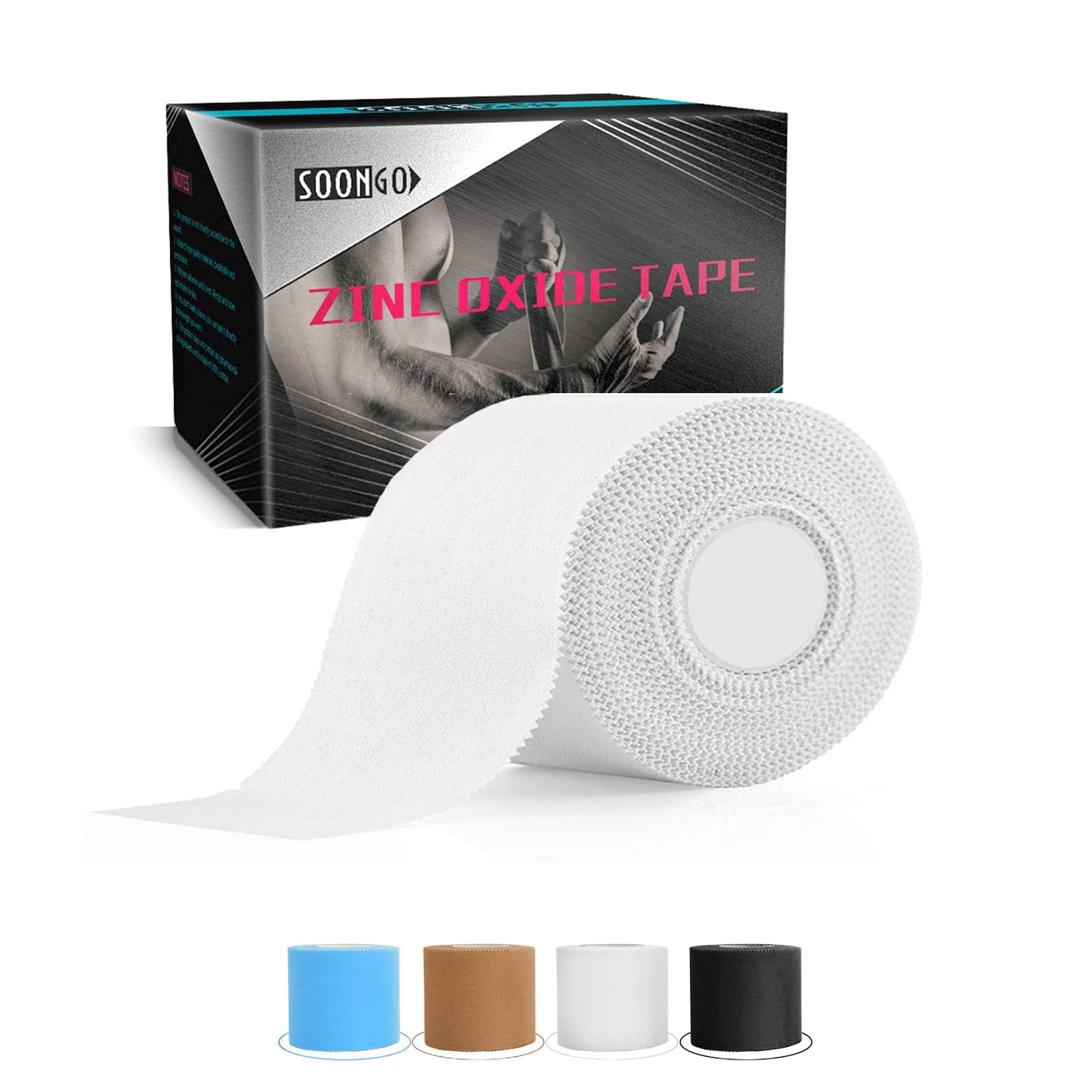 SOONGO Zinc Oxide Tape 5cm x 10m White Sports Strapping Athletic Tape Inelastic Provide Maximum Support Fixed Joint Good Viscosity Hypoallergenic
