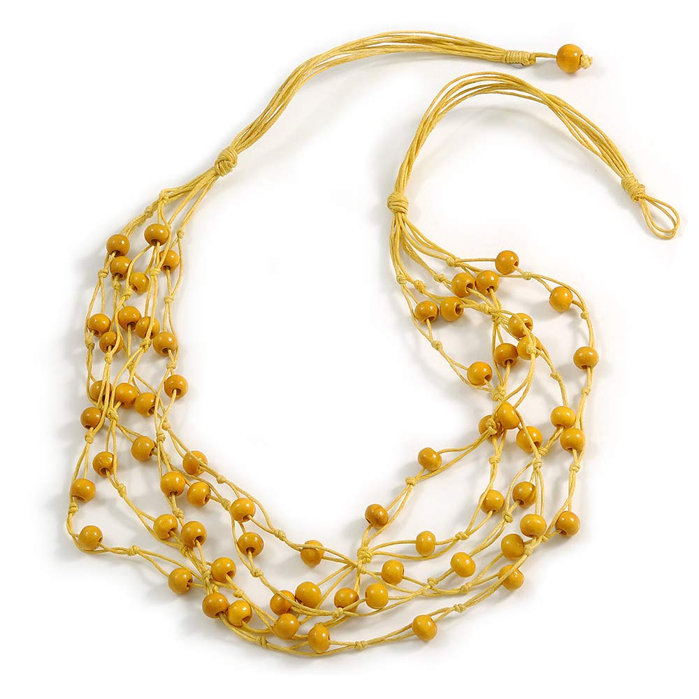 Avalaya Multistrand Yellow Wood Beaded Cotton Cord Necklace - 80cm Length