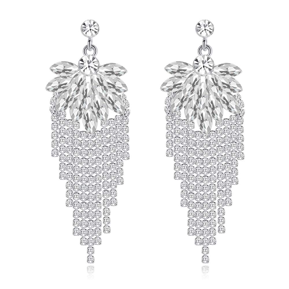 mecresh Silver Rhinestone Crystal Bridal Chandelier Long Tassels Dangle Earrings for Wedding